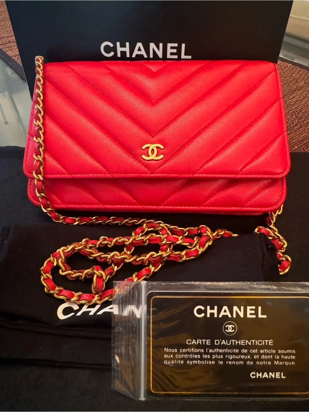 CHANEL Red Chevron Quilted Caviar Wallet-On-Chain with Gold Hardware